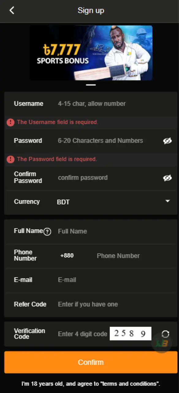 Create an account on JeetBuzz by filling out the fields.