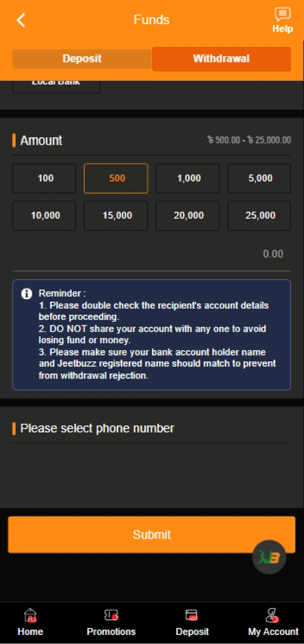 Enter the required information to withdraw money from JeetBuzz.