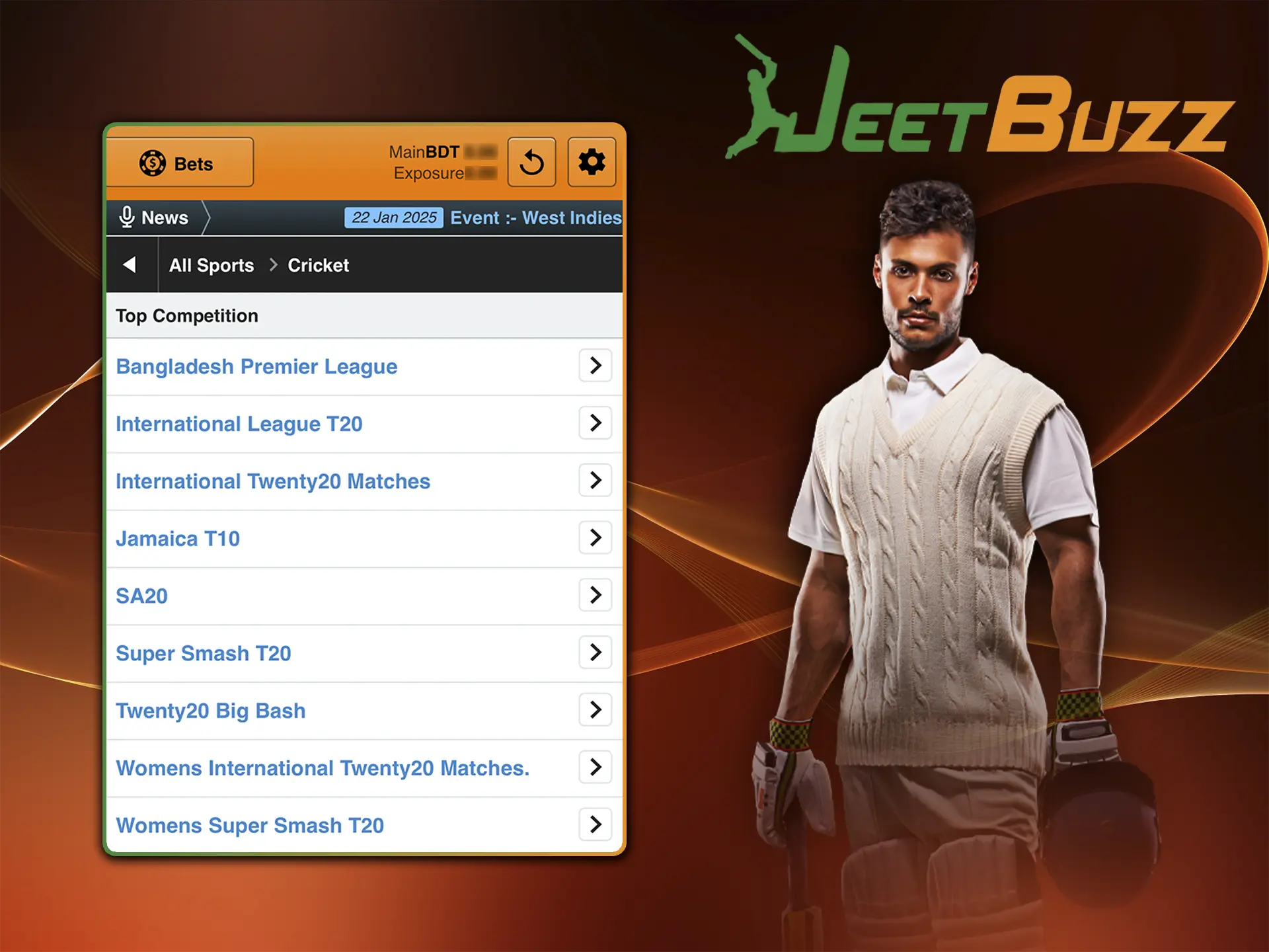 Follow the best cricket leagues and take part in matches by placing your bets at JeetBuzz bookmaker.