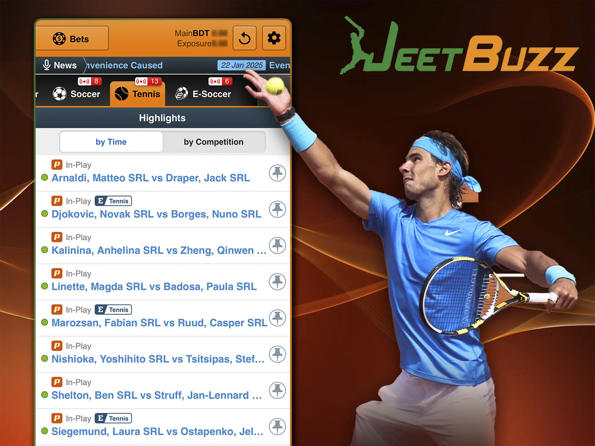 Familiarise yourself with the available tennis matches on the JeetBuzz app.